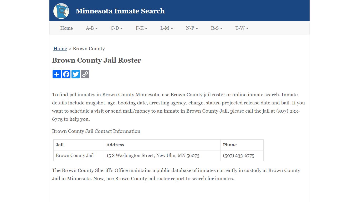 Brown County Jail Roster - Minnesota Inmate Search